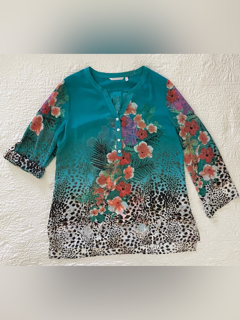 Soft Surroundings Teal Tropical Floral Cheetah Print Sheer Tunic Top Blouse Sz L - Picture 8 of 15